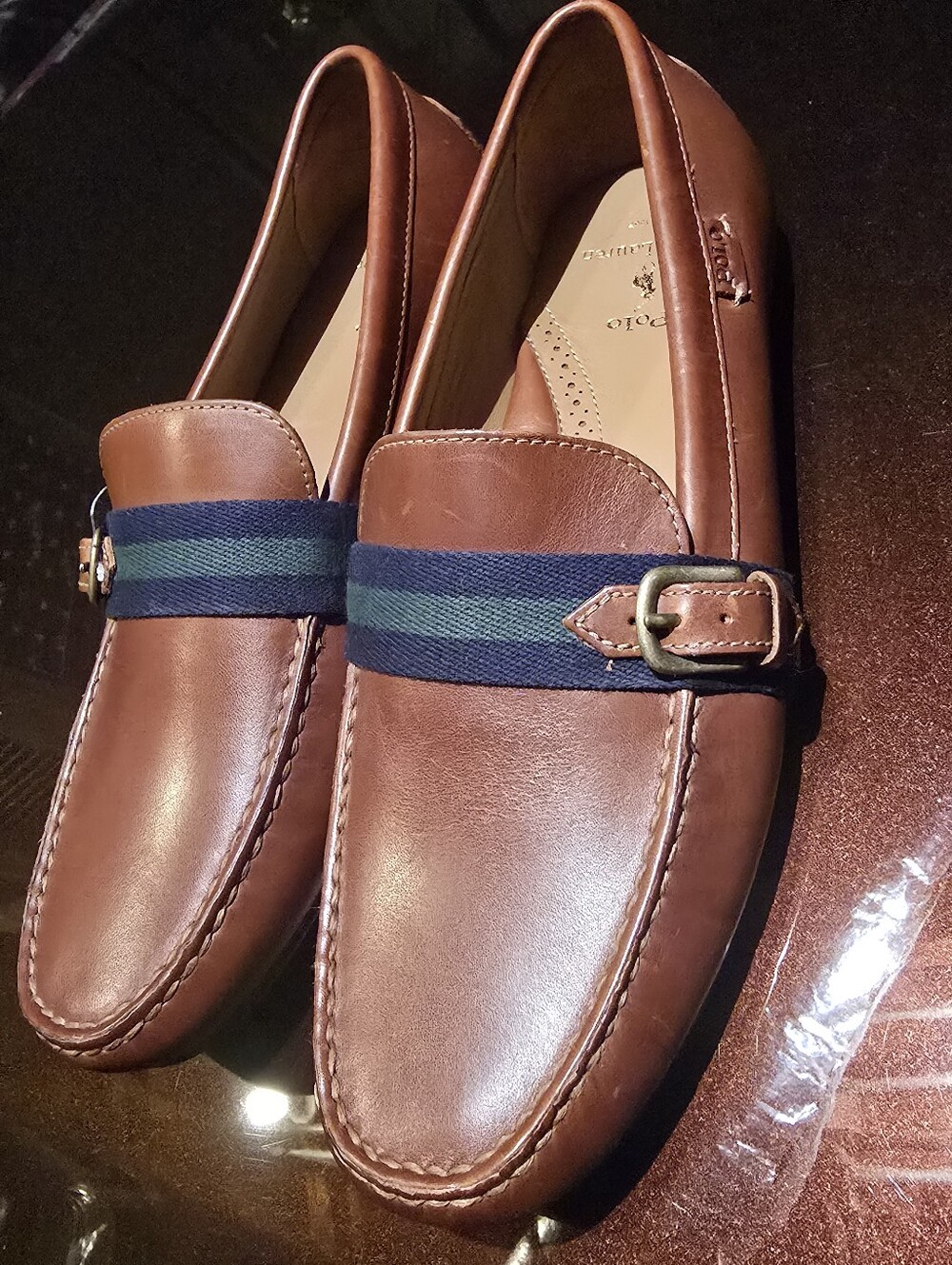 Polo Ralph Lauren Riali Driver Slip-On Loafers with Navy & Green Strap NWOT